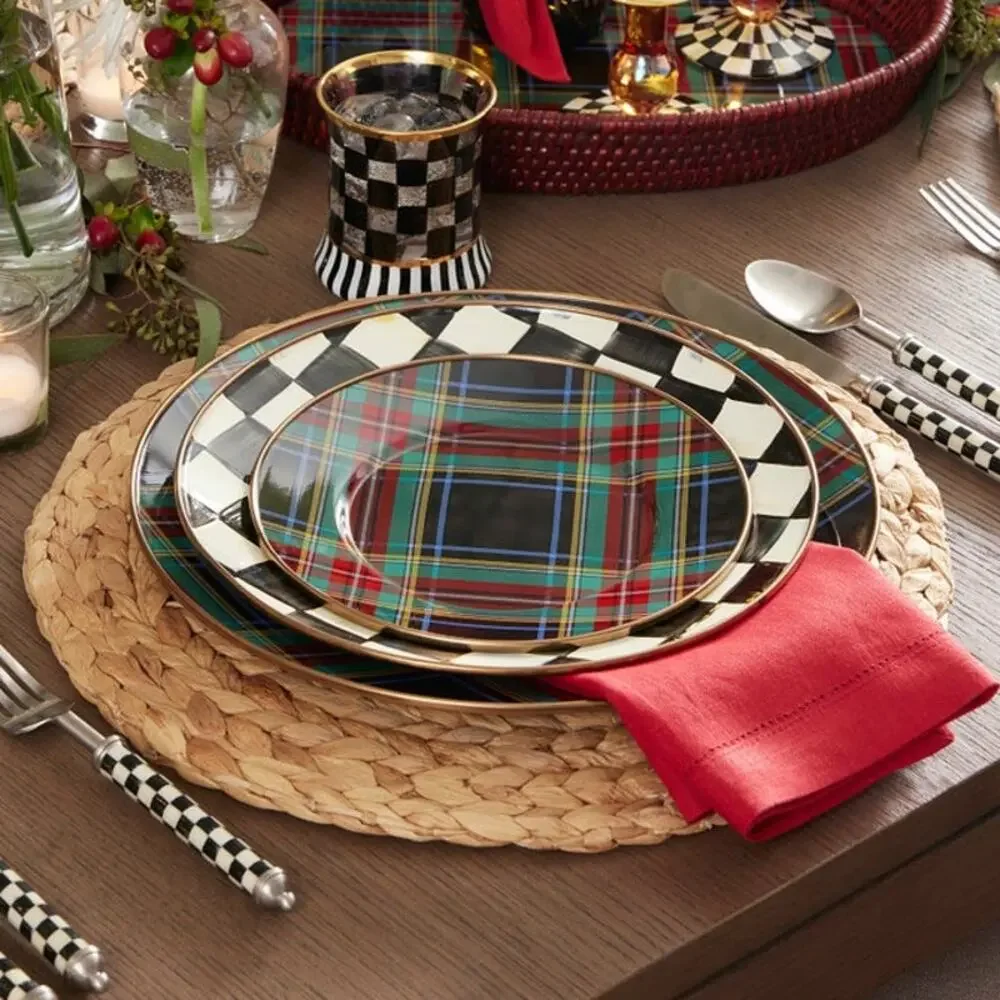 NEW Mackenzie Childs Tartan Black Salad|Dessert Plate Set of 4